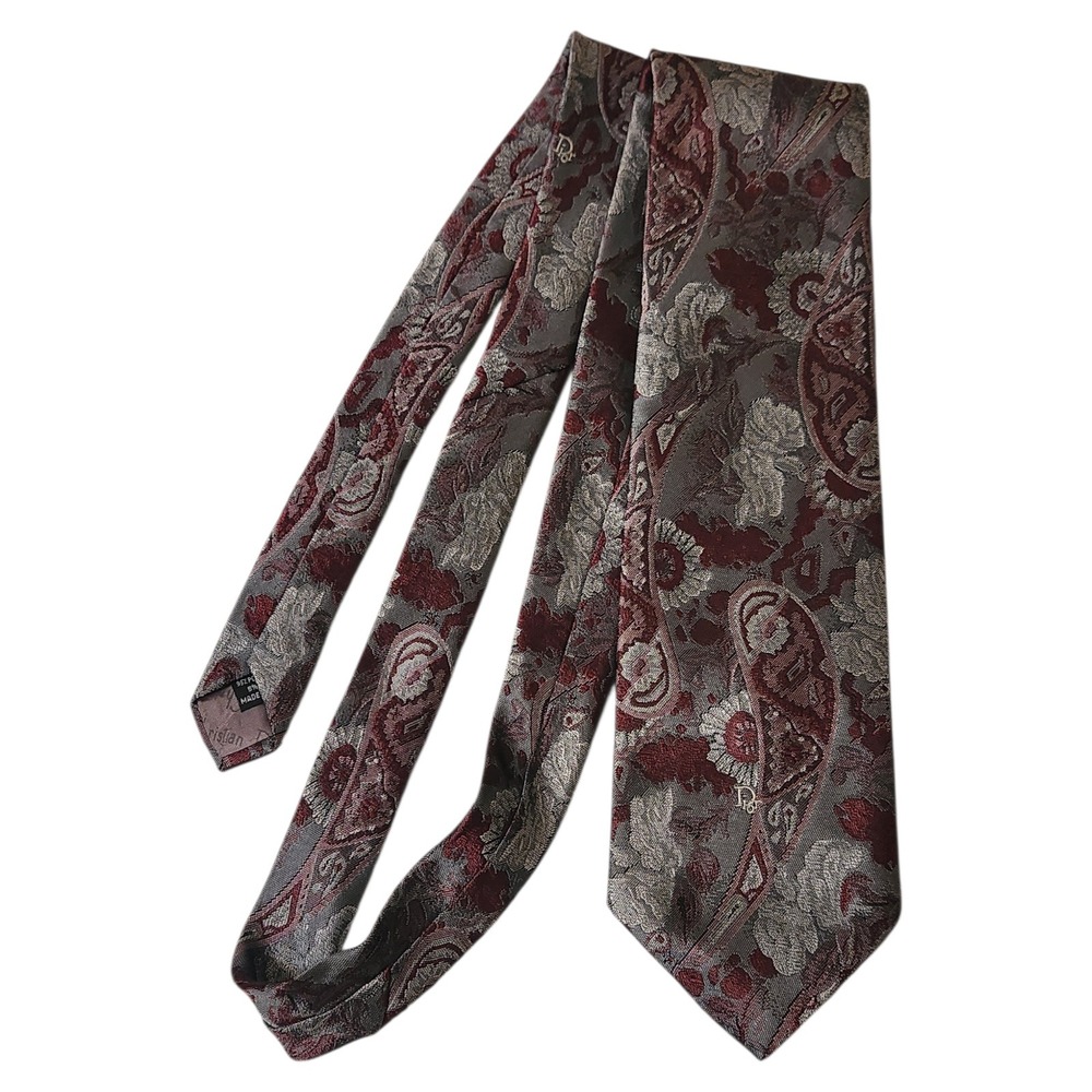 Christian Dior Monsieur Silk Blend Paisley Jacquard Necktie Burgundy Gray‎
